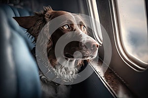 pilot dog sitting in front seat of airplane, looking out the window