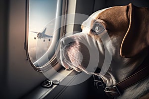 pilot dog sitting in front seat of airplane, looking out the window