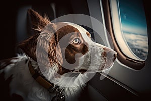 pilot dog sitting in front seat of airplane, looking out the window