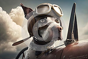 pilot dog taking off in vintage plane, with its nose pointed toward the sky