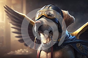 pilot dog with wings and superhero outfit, stopping villainous plot