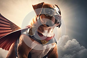 pilot dog with wings and superhero outfit, stopping villainous plot