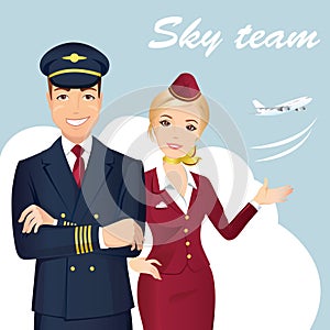 Pilot and Flight attendant of Commercial Airlines with the airplane on the background.