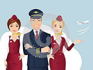 Pilot and Flight attendant of Commercial Airlines on the blue background