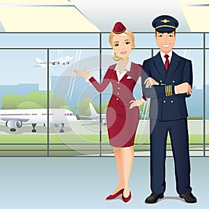 Pilot and Flight attendants of Commercial Airlines in airport.