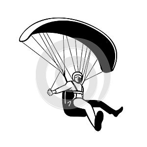 Pilot Flying Paraglider Paragliding Mascot Black and White Retro