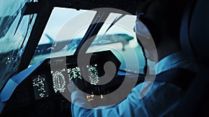 A pilot is flying a plane and is looking at the instruments