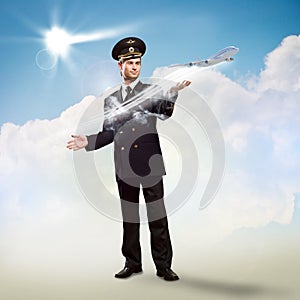 Pilot in the form of extending a hand to airplane