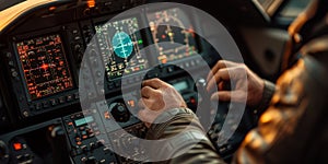 Pilot operating aircraft flight controls inside cockpit during flight