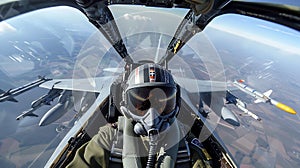 Pilot Perspective: Aerial View from Fighter Jet Cockpit Amidst Airborne Squadron