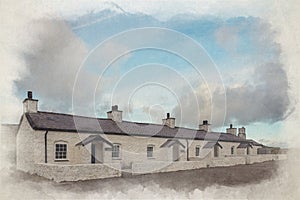 The pilot`s cottages digital watercolor painting at Ynys Llanddwyn