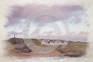 The pilot`s cottages digital watercolor painting at Ynys Llanddwyn photo