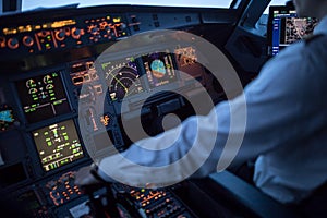 Pilot`s hand accelerating on the throttle in a commercial airlineri photo