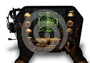 Pilot's hands in gloves expertly navigate complex aircraft controls and radar display