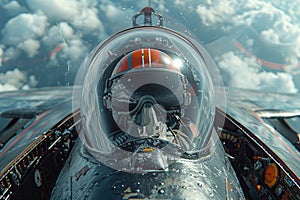 A pilot is seated in the cockpit of a fighter jet, soaring through the sky