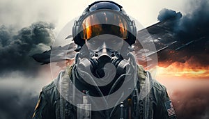 Pilot soldier in helmet in cockpit fighter plane, war. Generative AI