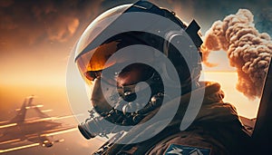 Pilot soldier in helmet in cockpit fighter plane, war. Generative AI photo