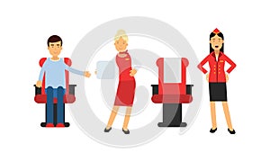 Pilot and Stewardess Character on Board Aircraft During Flight Vector Illustration Set