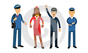 Pilot and Stewardess Character on Board Aircraft During Flight Vector Illustration Set