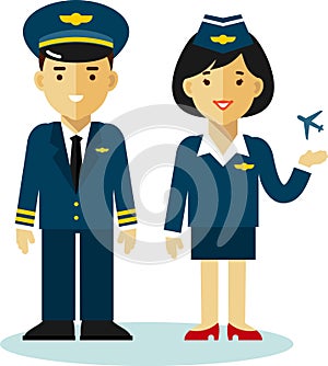 Pilot and stewardess in flat style photo