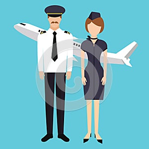 Pilot stewardess flight attendance cabin crew in uniform plane