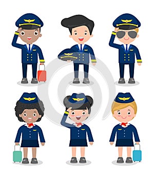 Pilot and stewardess. set of officers and flight attendants Stewardesses isolated on white background, pilot and air hostess