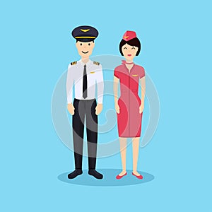 Pilot and stewardess in uniform in flat design.