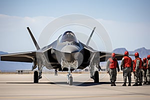 Pilot team and supersonic jet airplane on runway. Generative AI photo