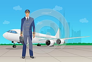 Pilot in uniform near airplane in airport. Vector illustration.