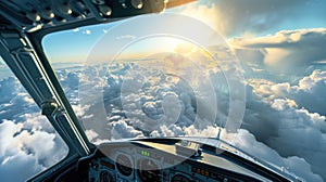 A pilot is view from the cockpit of an airplane flying above the clouds. AIG42.