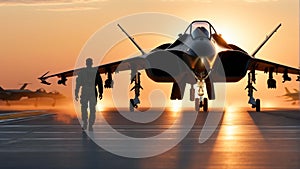 Pilot on walkway with fighterjet and sunset in background. Photorealistic hihg resolution concept design illustration