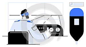 Pilot operating aircraft controls in cockpit with window view and dashboard instruments