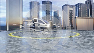 Pilotless passenger air taxi makes a departure for the call of the client. The concept of the future unmanned taxi. 3D