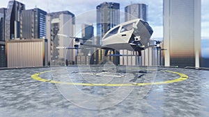 Pilotless passenger air taxi makes a departure for the call of the client. The concept of the future unmanned taxi. 3D