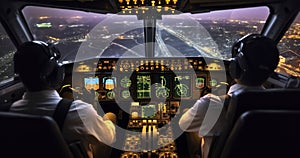 Pilots and airplane instruments are inside cockpit. Cityscape and airport are seen outside cockpit