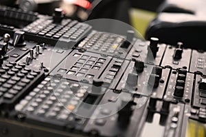 The pilots' control panel inside a passenger airplane, Control panel of airplane