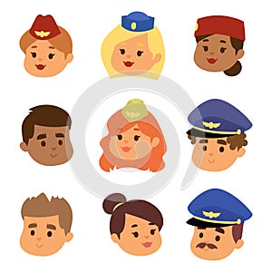 Pilots and stewardess vector head illustration airline character plane personnel staff air hostess flight attendants