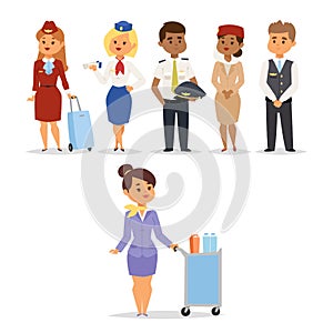 Pilots and stewardess vector illustration airline character plane personnel staff air hostess flight attendants people