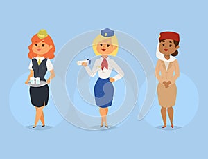 Pilots and stewardess vector illustration airline character plane personnel staff air hostess flight attendants people