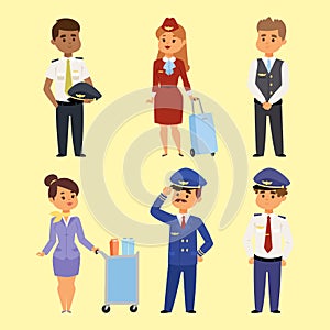 Pilots and stewardess vector illustration airline character plane personnel staff air hostess flight attendants people