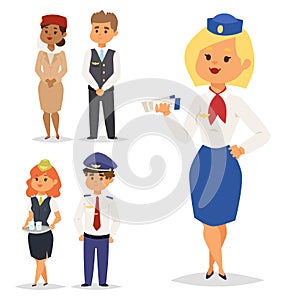 Pilots and stewardess vector illustration airline character plane personnel staff air hostess flight attendants people