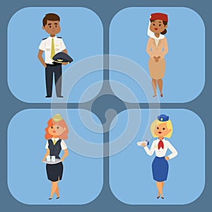 Pilots and stewardess vector illustration airline character plane personnel staff air hostess flight attendants people