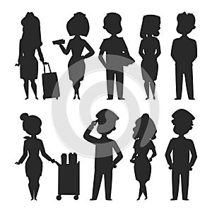Pilots and stewardess vector silhouette illustration airline character plane personnel staff air hostess flight