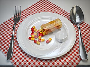 Pils in the plate with fork and spoon. Pharmacy diet nutrition concept.