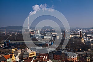 View on FC Victoria stadium and Pilsner Urquell and Gambrinus brewery