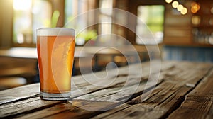 Pilsner beer with frothy head in glass on wooden table, man pouring, blurred background, text space.