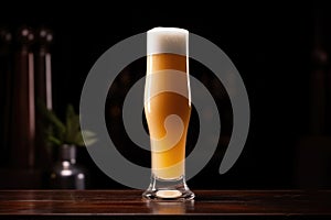 pilsner beer in a tall, slender glass, light behind it