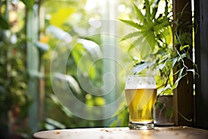 pilsner in garden, light casting through trees onto glass