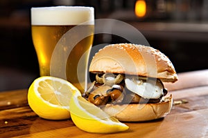 pilsner with a slice of lemon and grilled mushroom cap on a bun