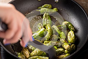 Pimientos de Padrón. Preparing Green Padron Peppers in the Frying Pan.